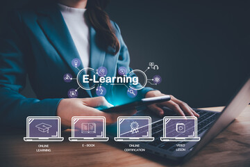 Woman with virtual screen of training online or E-learning. Internet education course, webinar online, digital courses develop skills thinking idea. E-learning graduate certificate program by video.