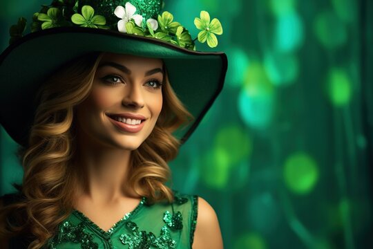 St. Patrick's Day. Portrait of a beautiful young woman wearing a leprechaun hat.