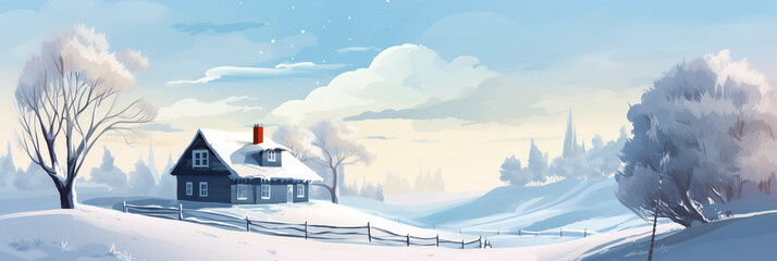 House in a winter snowfield - obrazy, fototapety, plakaty