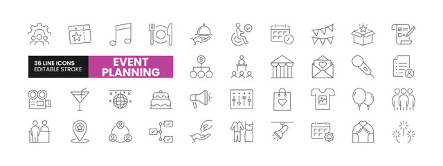 Set of 36 Event Planning line icons set. Event Planning outline icons with editable stroke collection. Includes Tickets, Fireworks, Filming, Budget, Gifts, and More.
