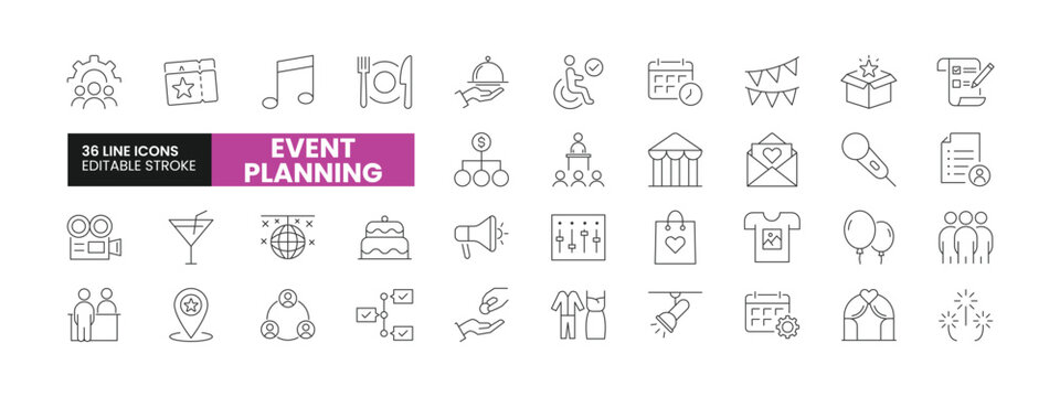 Set of 36 Event Planning line icons set. Event Planning outline icons with editable stroke collection. Includes Tickets, Fireworks, Filming, Budget, Gifts, and More.