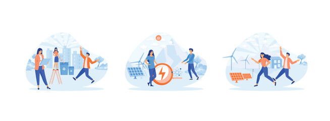 Ecology concept. Man woman  standing near wind turbines. Ecology renewable of Solar panels. Ecology 1, set flat vector modern illustration 