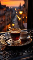 a cup of coffee at window side view blurred cityscape