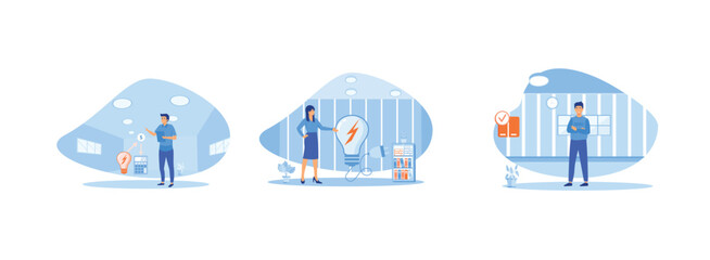 Fototapeta premium Energy consumption in the household. Woman using electric energy saving device. , Paying less and saving money. Energy consumption set flat vector modern illustration 