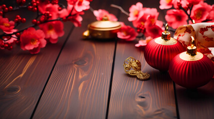 Chinese lunar New year copy space wooden table background side view