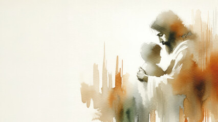 Watercolor illustration of Jesus Christ holding a child in his arms. Watercolor painting - obrazy, fototapety, plakaty