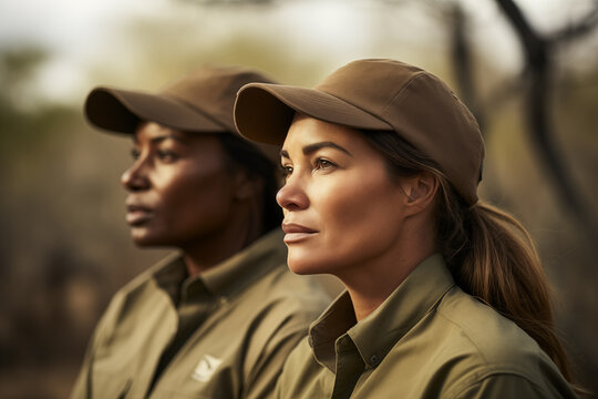 Two female zookeepers in uniform with cap in animal reserve.