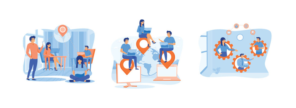 Remote workers work together on project scene, Company development and strategy and business planning, The idea team work and project delegation. Outsourcing set flat vector modern illustration