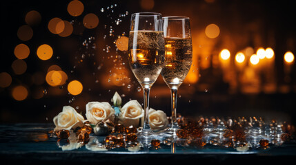 Close-up of two stemmed glasses with sparkling liquid and shiny decorations with white roses on a table in festive mood and a shiny and sparkle blurry orange background - obrazy, fototapety, plakaty