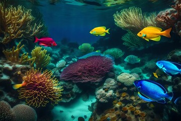 Naklejka na ściany i meble Colorful Fishes and Plants Flourishing Beneath the Waves
