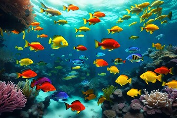 Fototapeta na wymiar Colorful Fishes and Plants Creating a Harmonious Underwater Tune