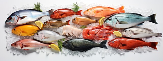 top view of fresh fishes selection on isolated white background for banner