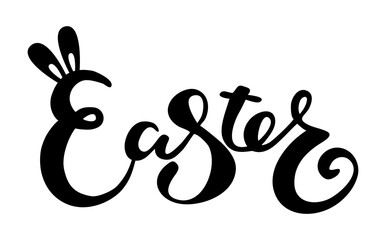 Cute Happy Easter lettering quote with bunny ears decoration, hand written with ink brush. Png clipart isolated on transparent background