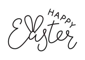 Cute Happy Easter lettering quote with bunny ears decoration, hand written with ink brush. Png clipart isolated on transparent background