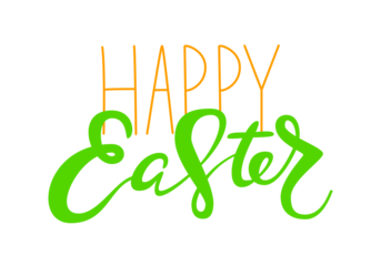 Cute Happy Easter lettering quote with bunny ears decoration, hand written with ink brush. Png clipart isolated on transparent background