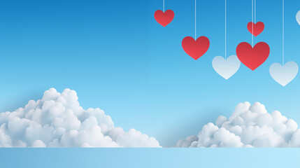 Poster or banner with blue sky and paper cut clouds. Happy Valentine's day sale header or voucher template with hanging hearts - obrazy, fototapety, plakaty