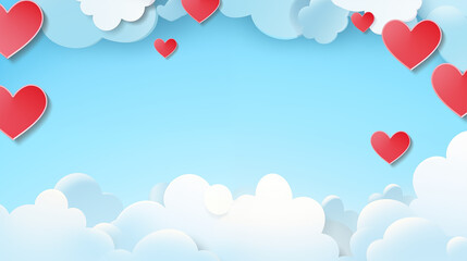 Poster or banner with blue sky and paper cut clouds. Happy Valentine's day sale header or voucher...