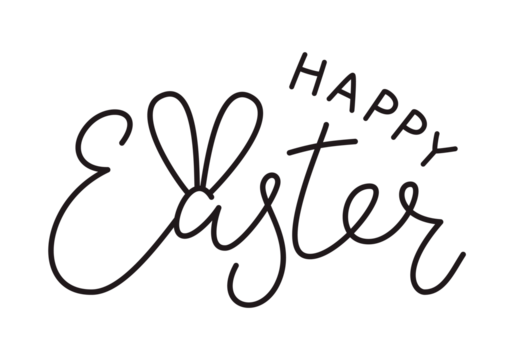 Cute Happy Easter lettering quote with bunny ears decoration, hand written with ink brush. Png clipart isolated on transparent background