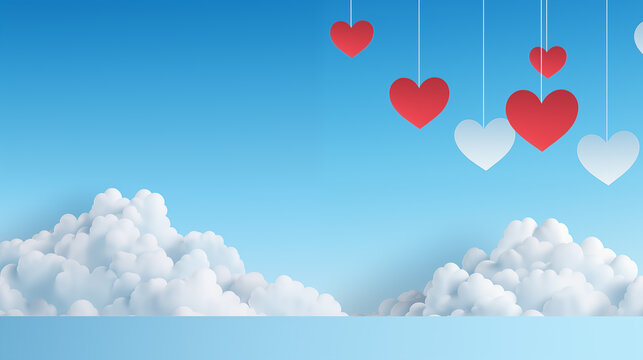 Poster or banner with blue sky and paper cut clouds. Happy Valentine's day sale header or voucher template with hanging hearts - Powered by Adobe