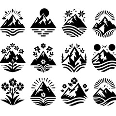 set of mountain and flower icon logo designs