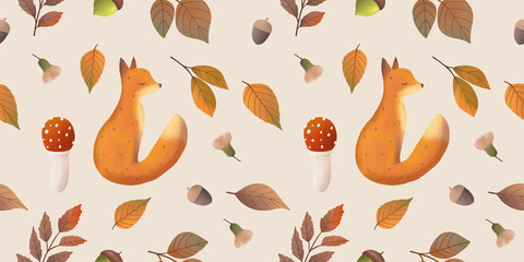 Woodland animals seamless pattern. Forest autumn pattern with leaves, mushroom and cute fox.