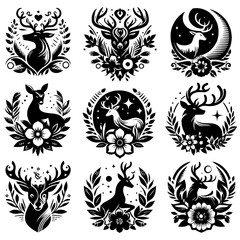 set of deer and flower icon logo designs