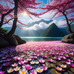 Sacred darkness, soft light, dense spiritual energy, and vibrant fallen flowers surround Shi Hao in a timeless moment of immortality.(Generative AI) - obrazy, fototapety, plakaty