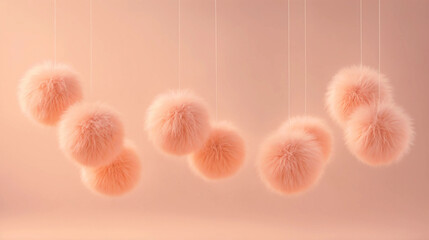 Abstract background of delicate peach fluffy pompoms hanging in air. Generative AI. - obrazy, fototapety, plakaty