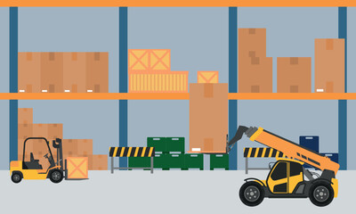 Warehouse interior with cardboard and forklift object Flat design style background