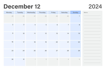 2024 December desk planer calendar weeks start on Monday in light blue and gray theme with empty line memo note space, vector design