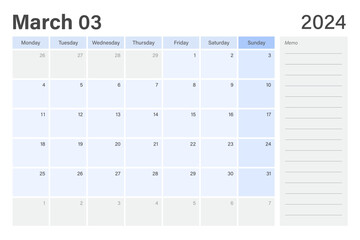 2024 March desk planer calendar weeks start on Monday in light blue and gray theme with empty line memo note space, vector design