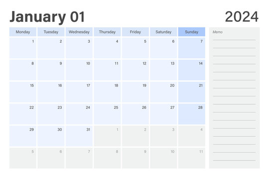 2024 January desk planer calendar weeks start on Monday in light blue and gray theme with empty line memo note space, vector design