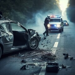 A car accident scene on a highway, with a heavily damaged vehicle and debris scattered around, and a police officer in the background.