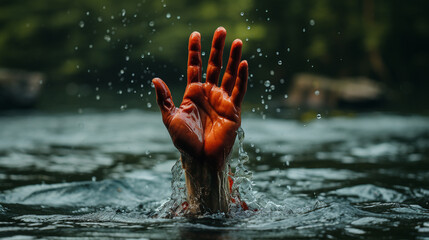 Hands rise from the white water in a lake in nature