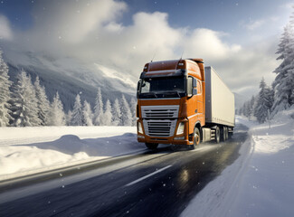 Orange truck is moving on a snowy mountain road, surrounded by snow-covered trees under a cloudy sky.