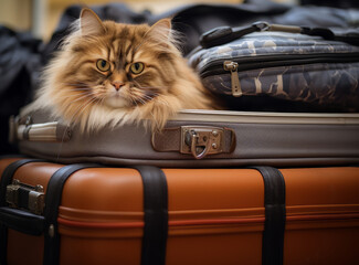 Close up of a long-haired, orange and white cat resting on a pile of multi-colored suitcases.