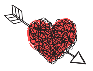 Heart and arrow shaped tangled grungy scribble