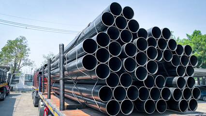 Steel pipes are placed in factory, steel pipe for fabrication,Stacked together of steel tube,...