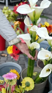 A man buys a bouquet of beautiful white calla lilies in a street flower shop on Valentine's Day. A young attractive Caucasian blond man with a beard holds white calla lilies. Vertical screen