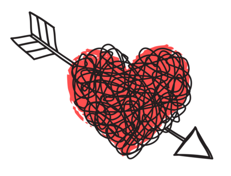 Heart and arrow shaped tangled grungy scribble