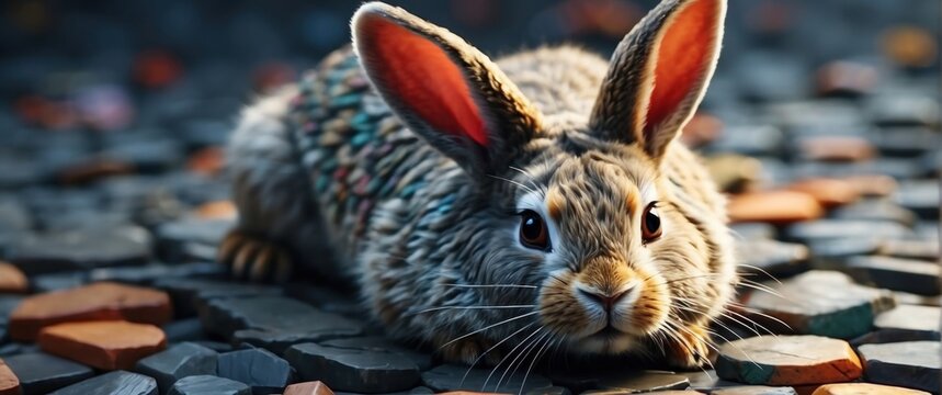 Cute little rabbit on the stone terrace