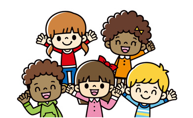 Vector illustration of smiling and waving multinational children
