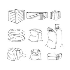 A set of wooden boxes and sandbags. Construction goods. Vector illustration with black contour lines, isolated on a white background.