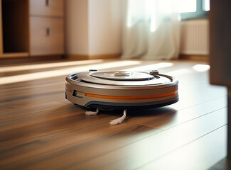 Smart robot vacuum cleaner on a wooden floor in a bright room.