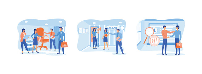people agency job seekers job applicants and office chair open vacancy, invites candidates for new vacancy, business corporations looking for employees for jobs. Open vacancy set flat vector modern il