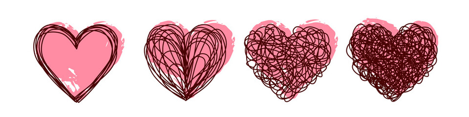 Heart tangled grungy scribbles hand drawn with paintbrush. Isolated on transparent background