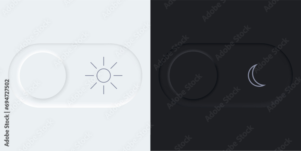 Poster Day and night slide. Button to turn on and off the dark and light theme. Neomorphism style slider. Vector EPS 10