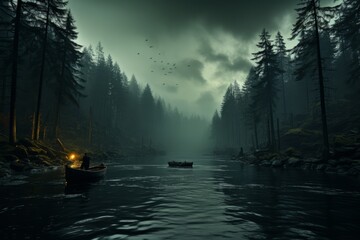 Peaceful lake surrounded by dark forest silhouettes, Generative AI
