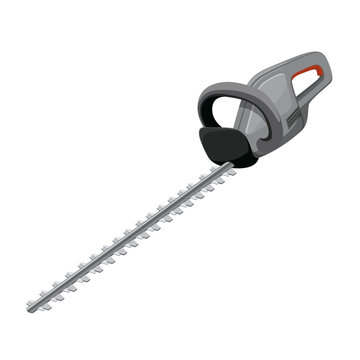 Electric hedge trimmer of realistic style isolated on white. Vector picture of grey and black colors for gardening tools and brush cutting illustration, technical graphic design, print.