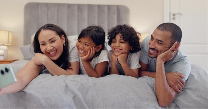 Selfie, love and happy family in a bed relax, bond and smile for memory in their home together. Smartphone, profile picture and children with parents in a hotel bedroom with app for photography